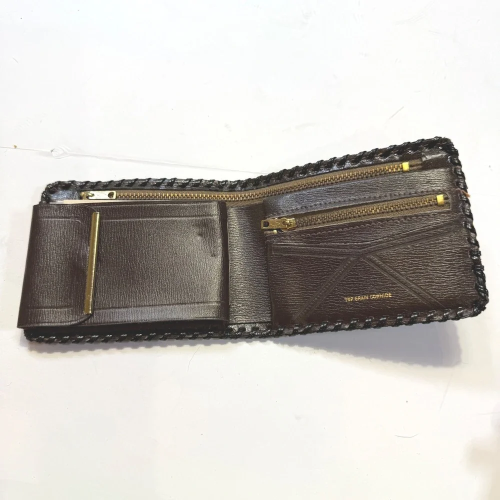 Vintage Dark Brown Top Grain Cowhide Leather Bifold Wallet Whipstitch Embossed